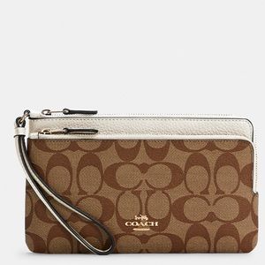 Coach Khaki Signature Double Zip Wallet Wristlet Chalk Leather